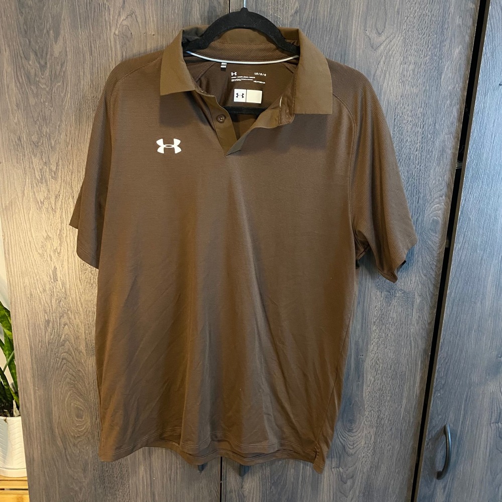 Under Armour Polo Shirt Mens Large Brown HeatGear Loose Fit Short Sleeve